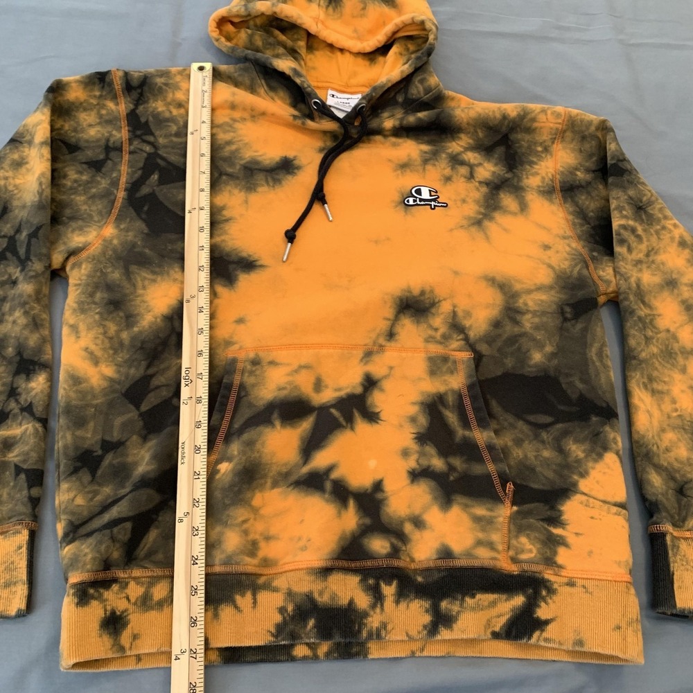 Champion Hoodie Mens Large Orange Black Tie Dye Fleece Pullover Sweatshirt - Picture 5 of 7